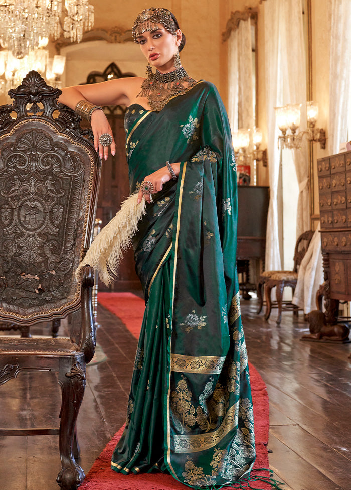 Green Satin Silk Saree With Blouse Piece