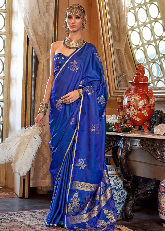 Blue Satin Silk Saree With Blouse Piece