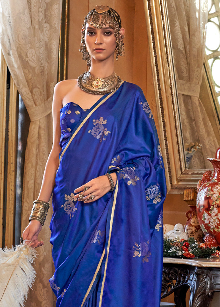 Blue Satin Silk Saree With Blouse Piece