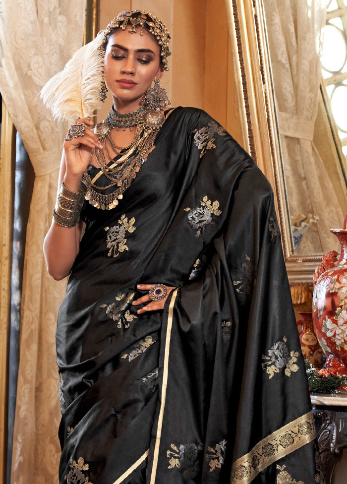 Black Satin Silk Saree With Blouse Piece