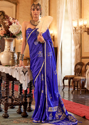 Blue Satin Silk Saree With Blouse Piece