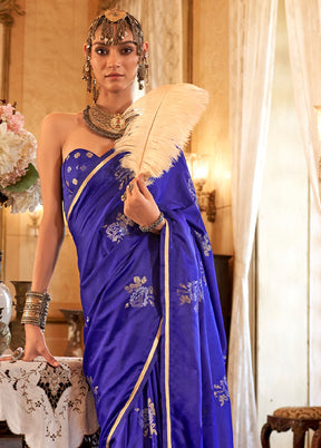 Blue Satin Silk Saree With Blouse Piece