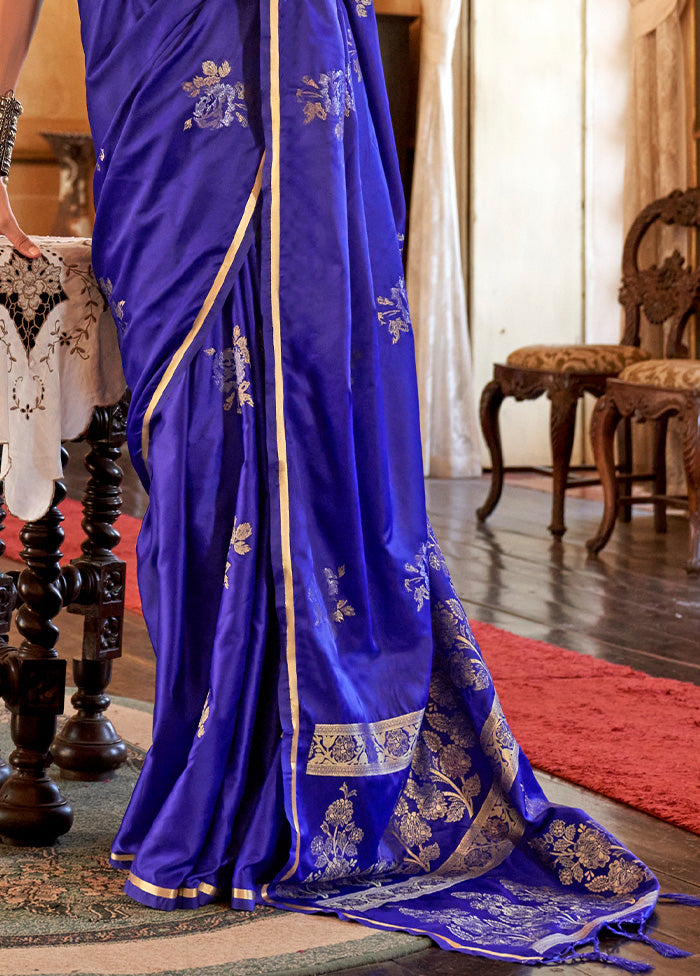 Blue Satin Silk Saree With Blouse Piece