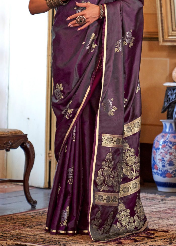 Wine Satin Silk Saree With Blouse Piece