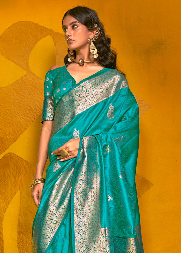 Turquoise Spun Silk Saree With Blouse Piece