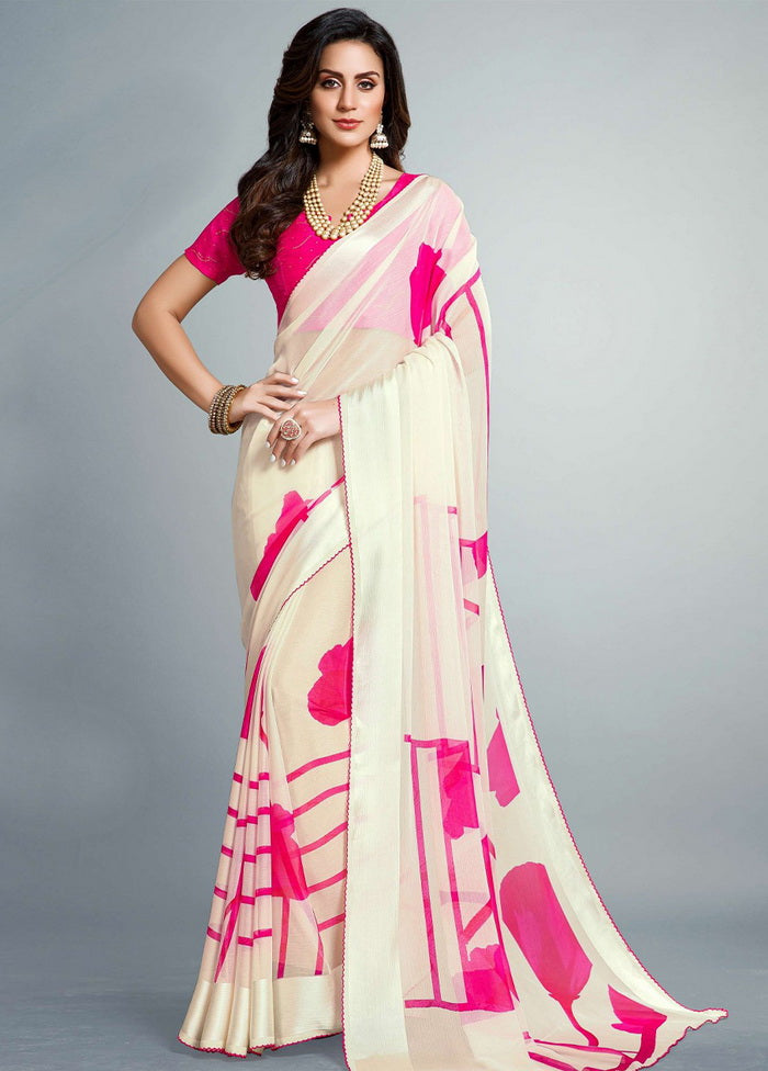 Off White Chiffon Silk Saree With Blouse - Indian Silk House Agencies