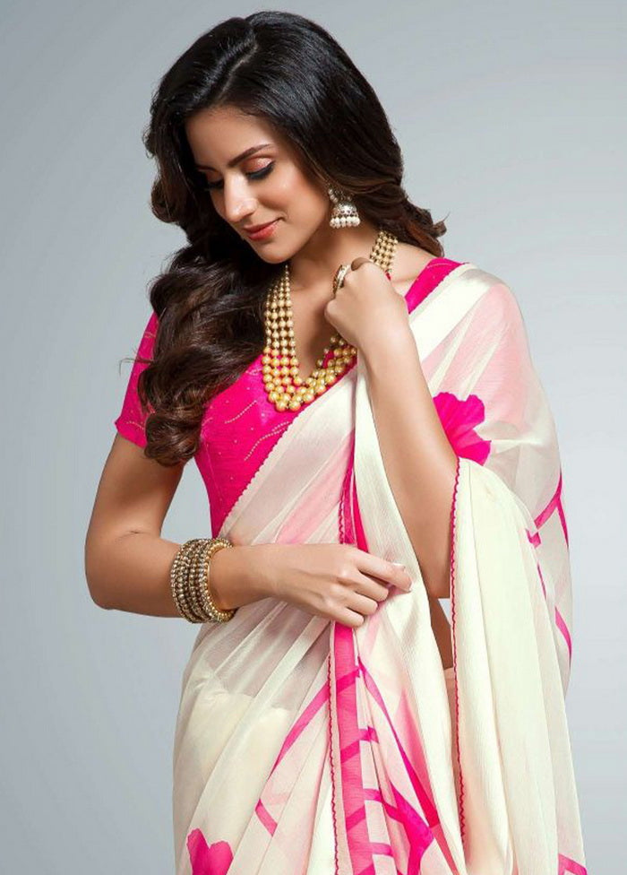 Off White Chiffon Silk Saree With Blouse - Indian Silk House Agencies