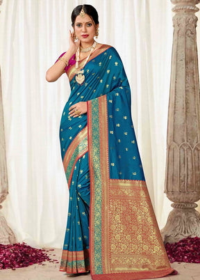 Blue Dupion Silk Saree With Blouse Piece - Indian Silk House Agencies