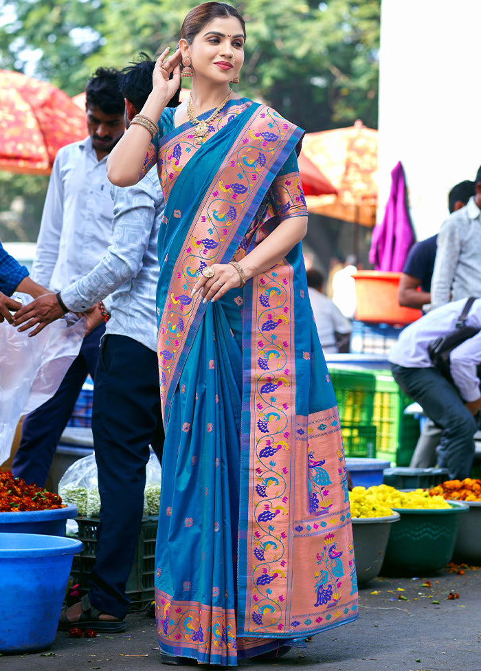 Turquoise Dupion Silk Saree With Blouse Piece