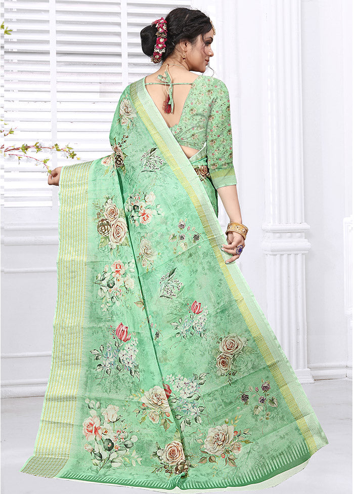 Sea Green Cotton Digital Print Saree With Blouse - Indian Silk House Agencies
