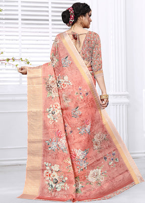 Rose Pink Cotton Digital Print Saree With Blouse - Indian Silk House Agencies