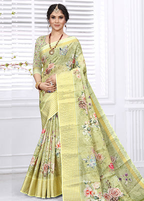 Greenish Yellow Cotton Digital Print Saree With Blouse - Indian Silk House Agencies