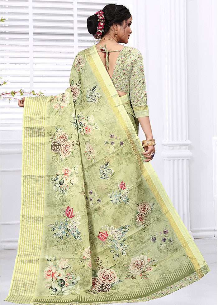Greenish Yellow Cotton Digital Print Saree With Blouse - Indian Silk House Agencies