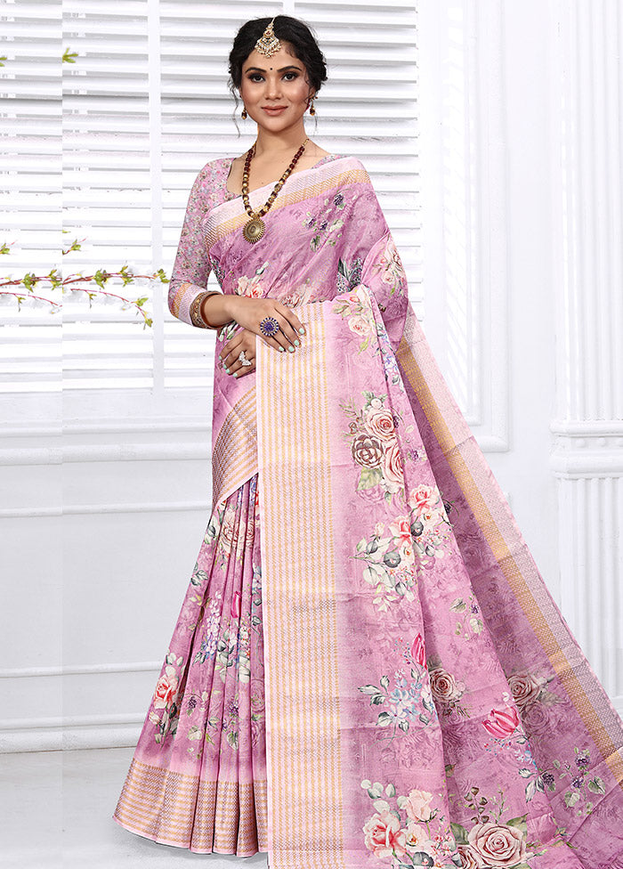 Pink Cotton Digital Print Saree With Blouse - Indian Silk House Agencies