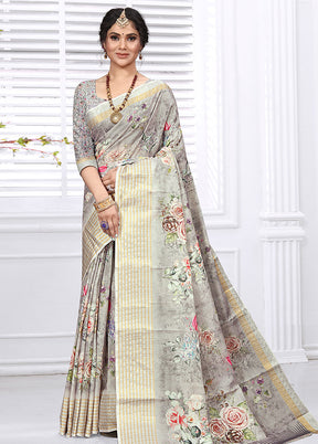 Grey Cotton Digital Print Saree With Blouse - Indian Silk House Agencies