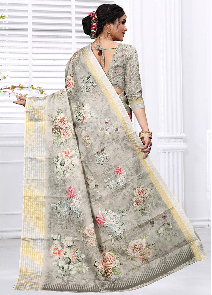 Grey Cotton Digital Print Saree With Blouse - Indian Silk House Agencies