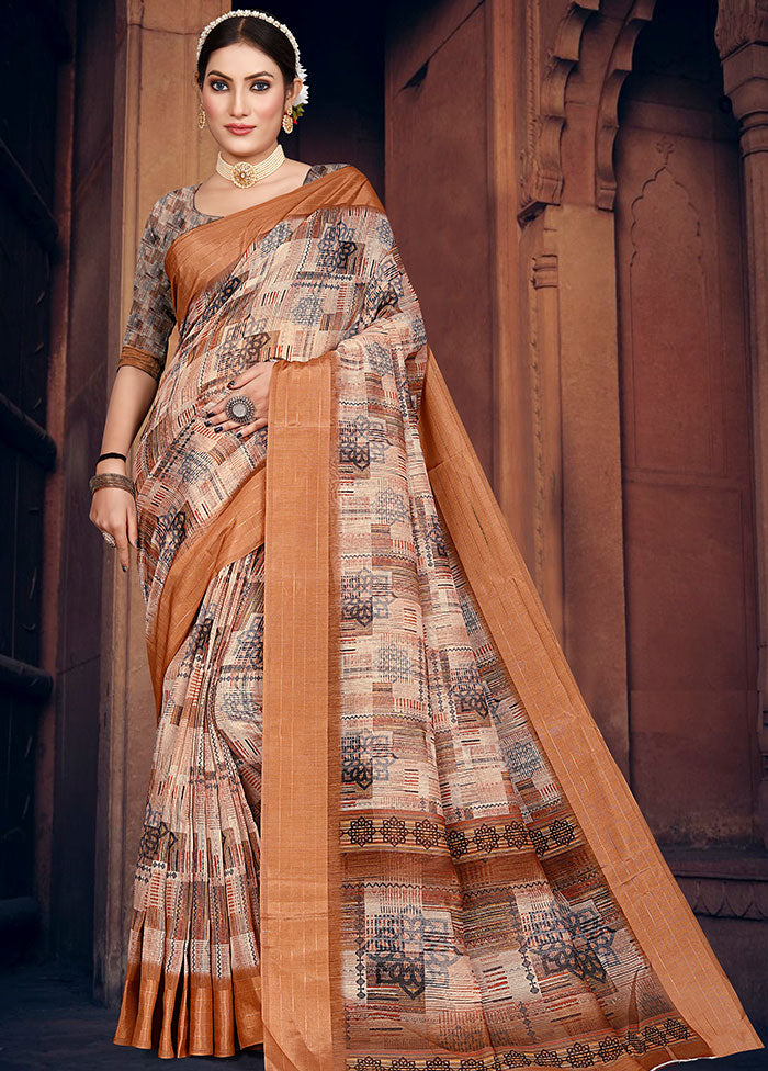 Light Orange Cotton Digital Print Saree With Blouse - Indian Silk House Agencies