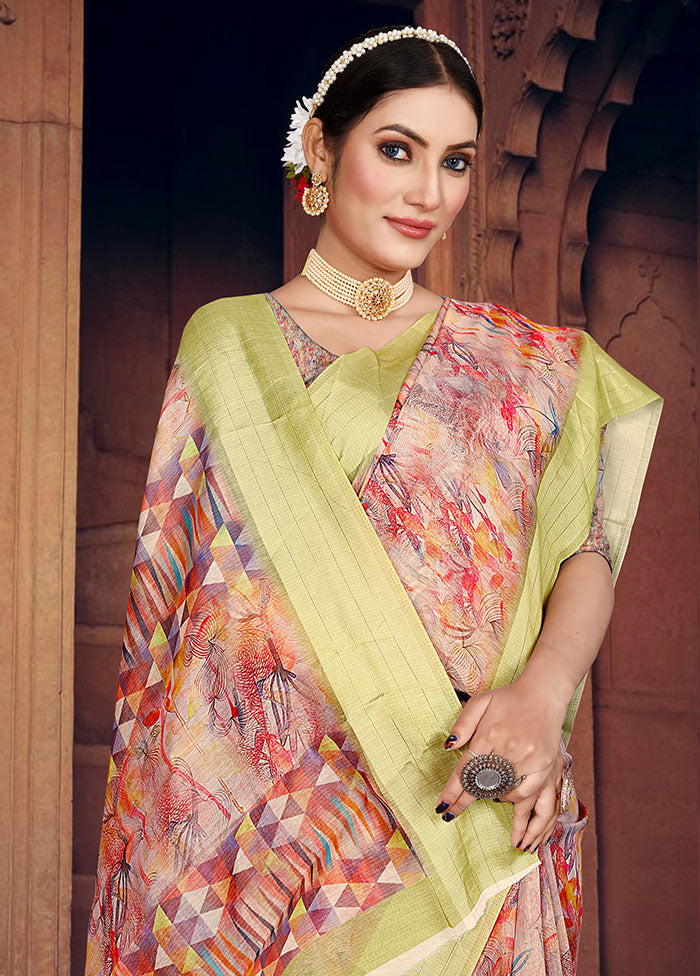 Peach Cotton Digital Print Saree With Blouse - Indian Silk House Agencies