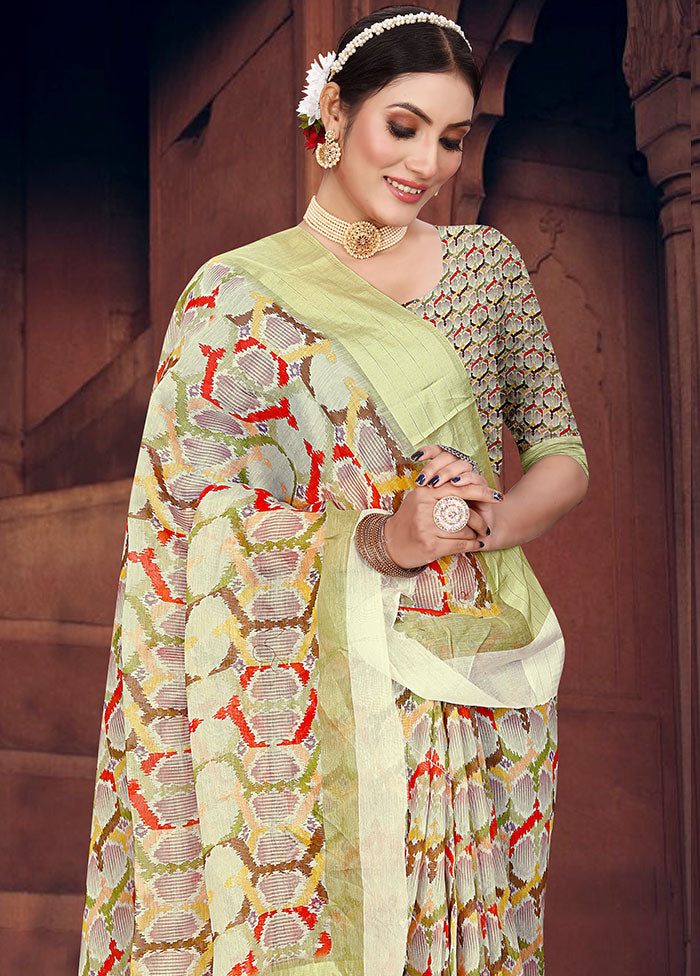 Light Green Cotton Digital Print Saree With Blouse - Indian Silk House Agencies