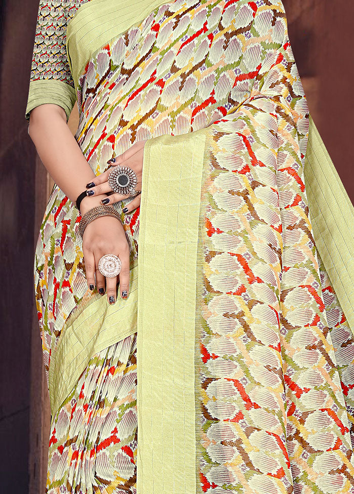 Light Green Cotton Digital Print Saree With Blouse - Indian Silk House Agencies