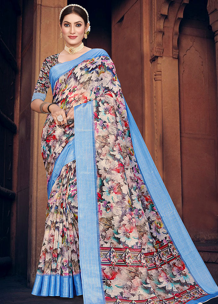 Blue Cotton Digital Print Saree With Blouse - Indian Silk House Agencies