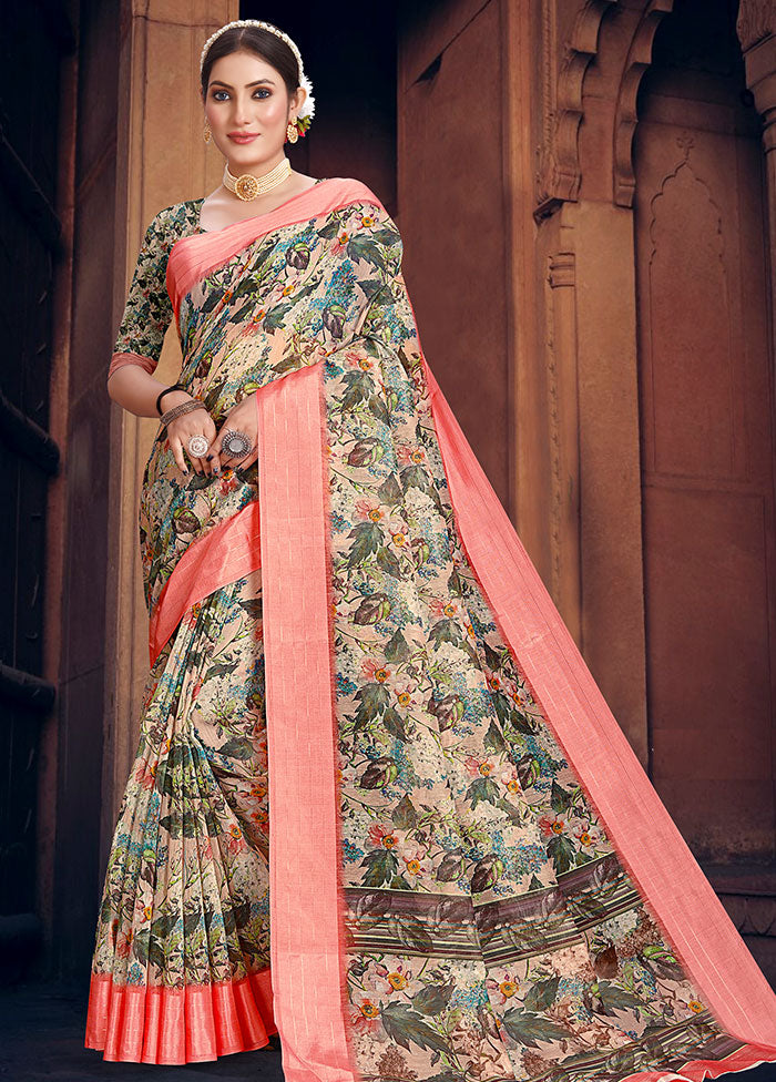 Beige Cotton Digital Print Saree With Blouse - Indian Silk House Agencies