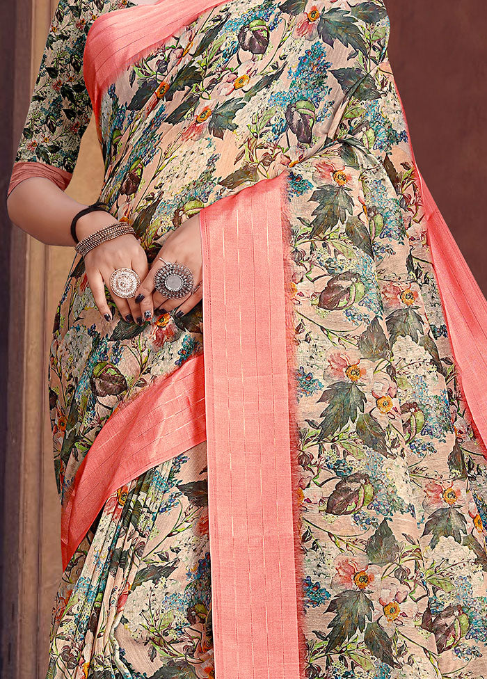 Beige Cotton Digital Print Saree With Blouse - Indian Silk House Agencies