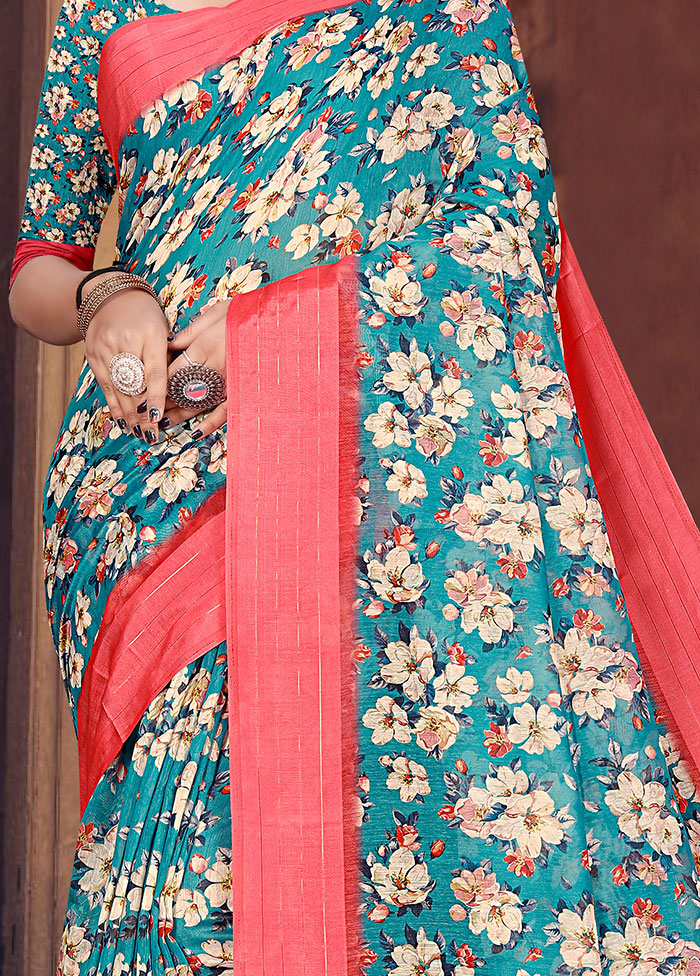 Sky Blue Cotton Digital Print Saree With Blouse - Indian Silk House Agencies