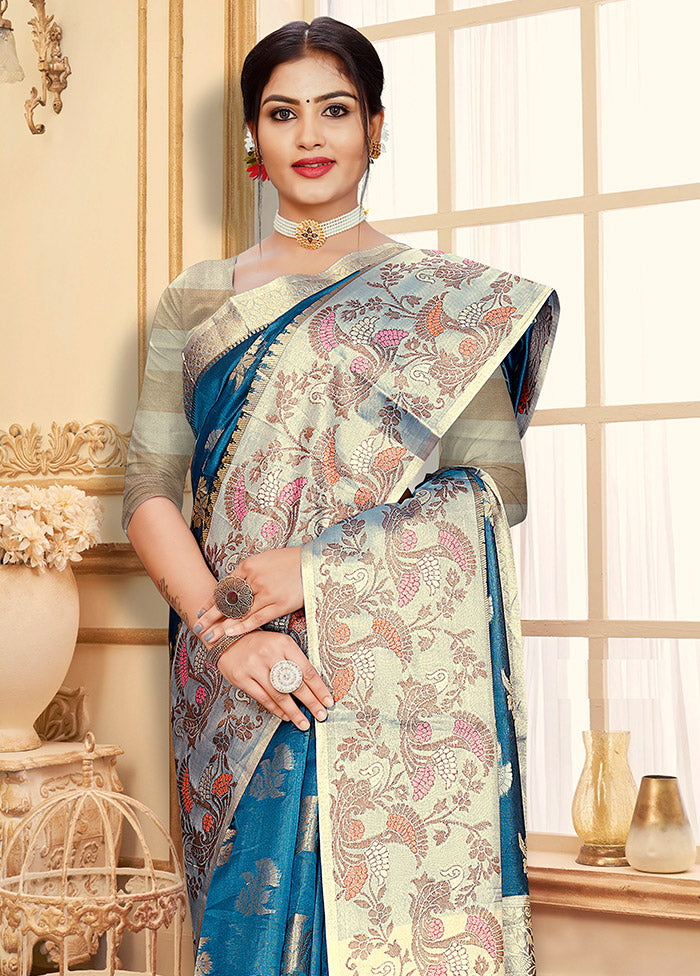 Sky Blue Organza Saree With Blouse Piece - Indian Silk House Agencies