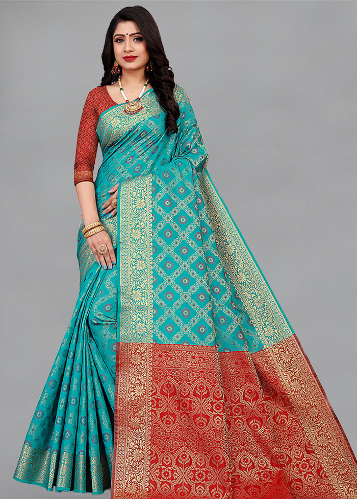 Turquoise Spun Silk Woven Saree With Blouse - Indian Silk House Agencies
