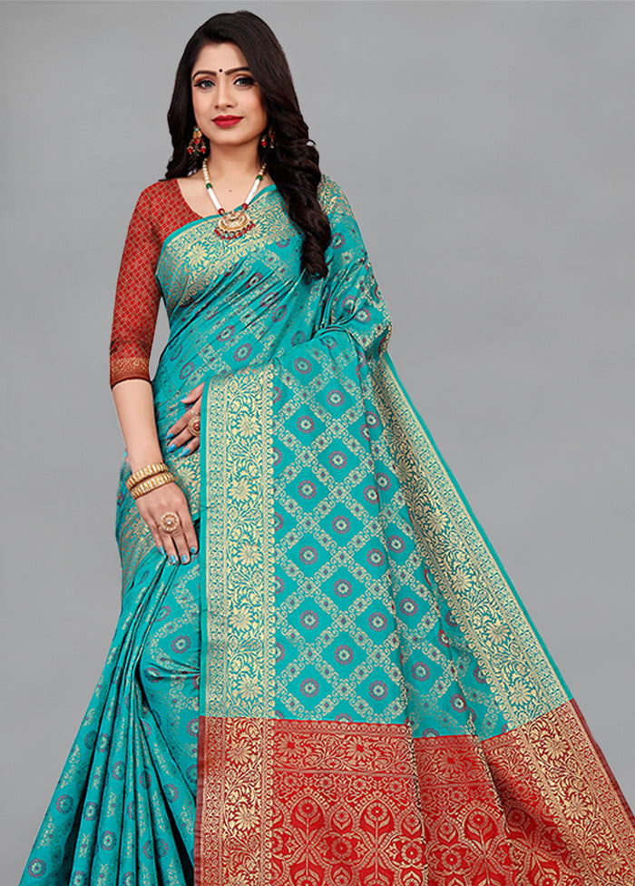 Turquoise Spun Silk Woven Saree With Blouse - Indian Silk House Agencies