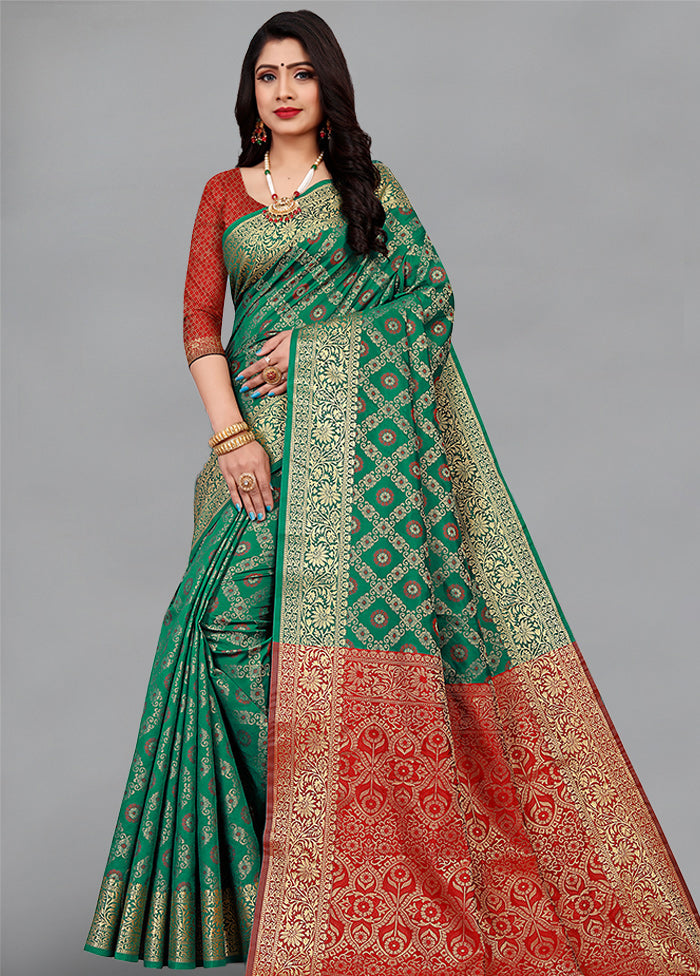 Green Spun Silk Woven Saree With Blouse - Indian Silk House Agencies