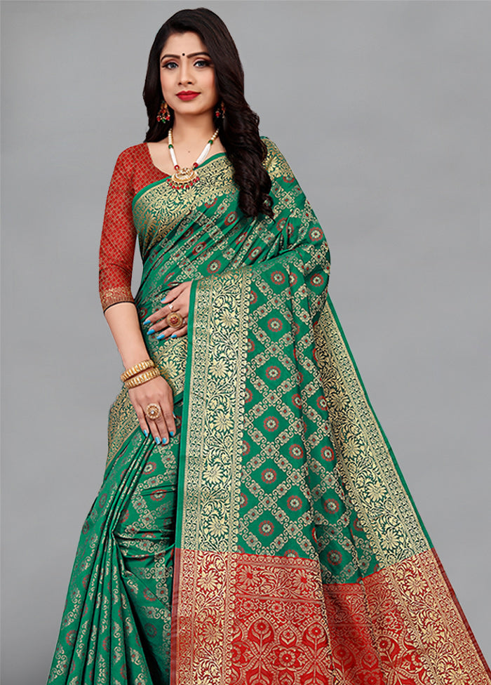Green Spun Silk Woven Saree With Blouse - Indian Silk House Agencies