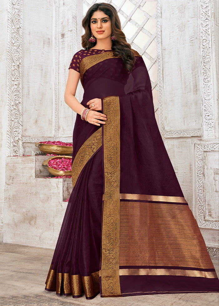 Wine Organza Woven Work Saree With Blouse - Indian Silk House Agencies