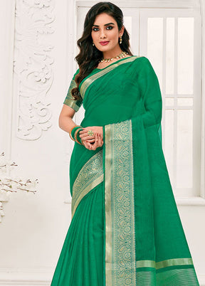 Green Spun Silk Saree With Blouse Piece - Indian Silk House Agencies