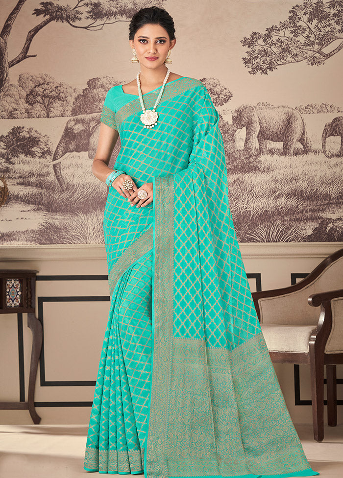 Turquoise Chiffon Silk Woven Work With Blouse - Indian Silk House Agencies