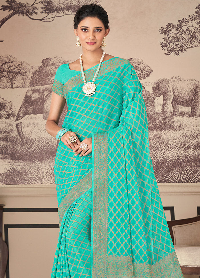 Turquoise Chiffon Silk Woven Work With Blouse | Indian Silk House Agencies