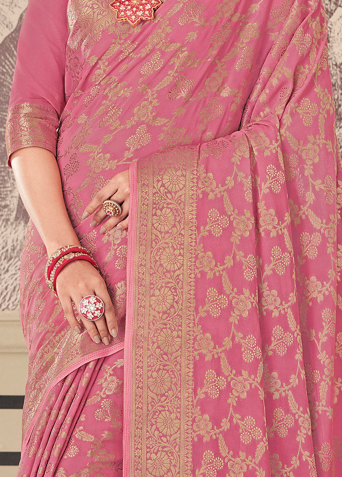 Pink Chiffon Silk Woven Work With Blouse - Indian Silk House Agencies
