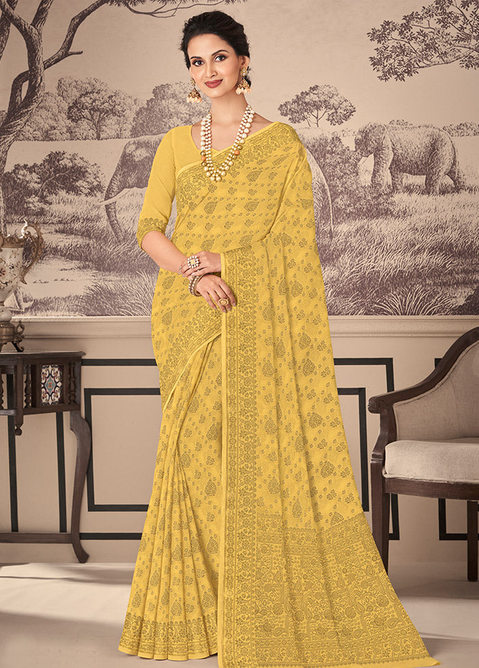 Yellow Chiffon Silk Woven Work With Blouse - Indian Silk House Agencies