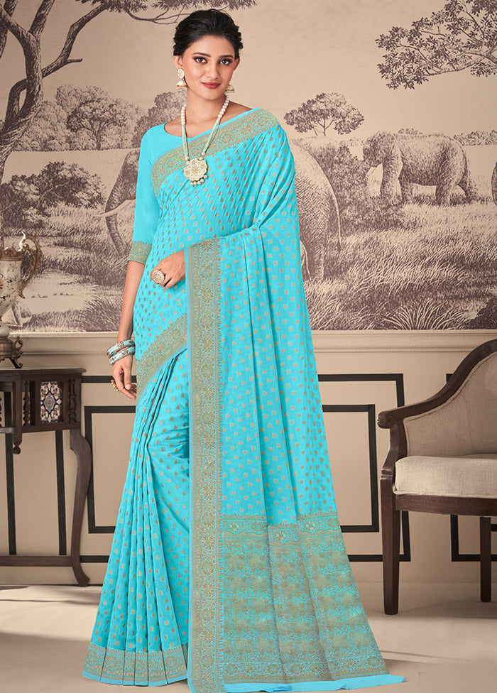 Blue Chiffon Silk Woven Work With Blouse - Indian Silk House Agencies