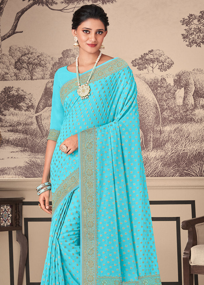 Blue Chiffon Silk Woven Work With Blouse - Indian Silk House Agencies