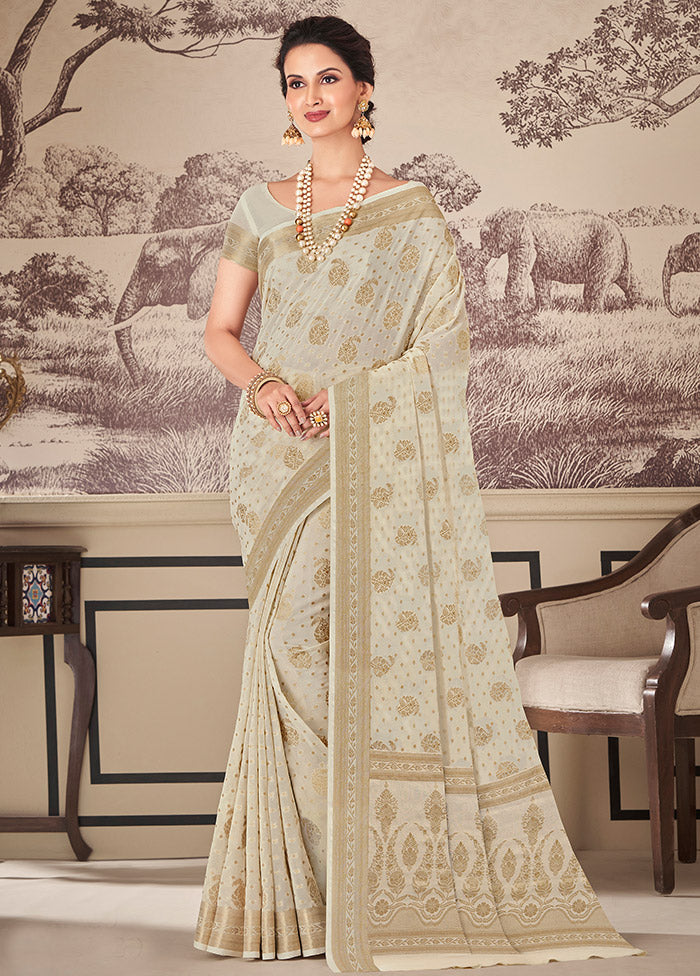 Beige Chiffon Silk Woven Work With Blouse - Indian Silk House Agencies