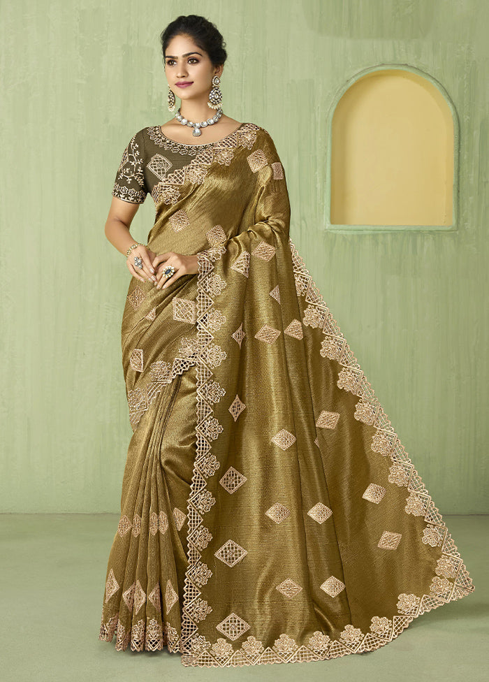 Olive Green Spun Silk Saree With Blouse Piece