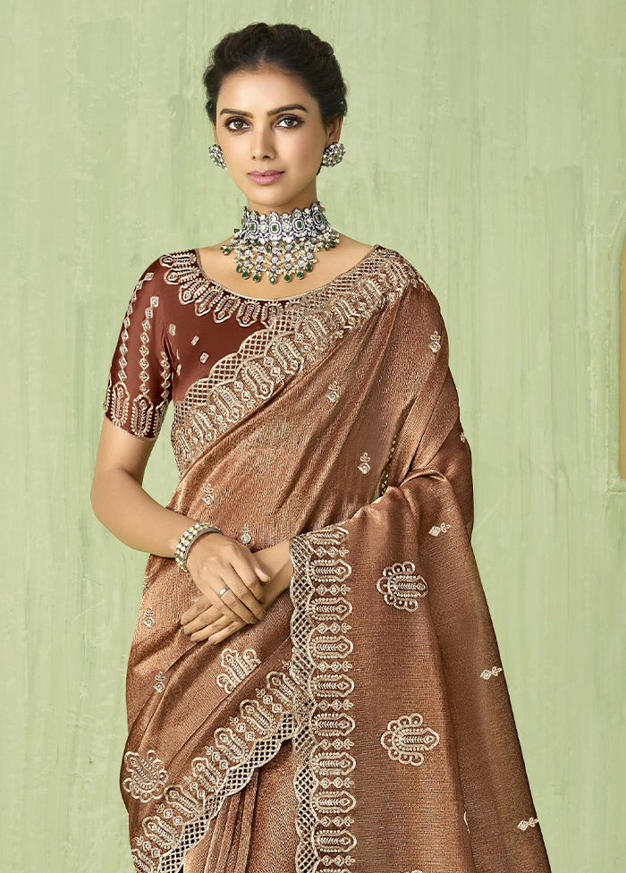 Brown Spun Silk Saree With Blouse Piece