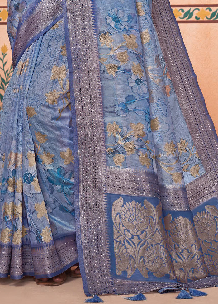 Sky Blue Spun Silk Saree With Blouse Piece