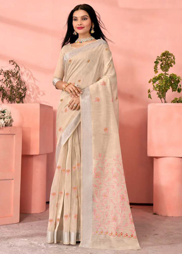 Cream Chanderi Silk Saree With Blouse Piece