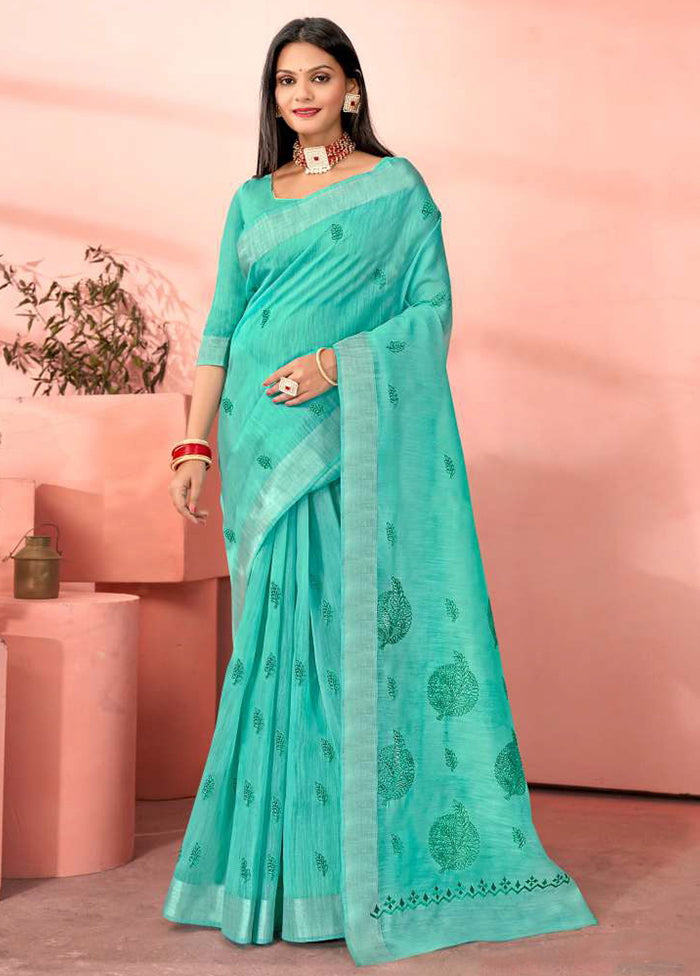 Turquoise Chanderi Silk Saree With Blouse Piece