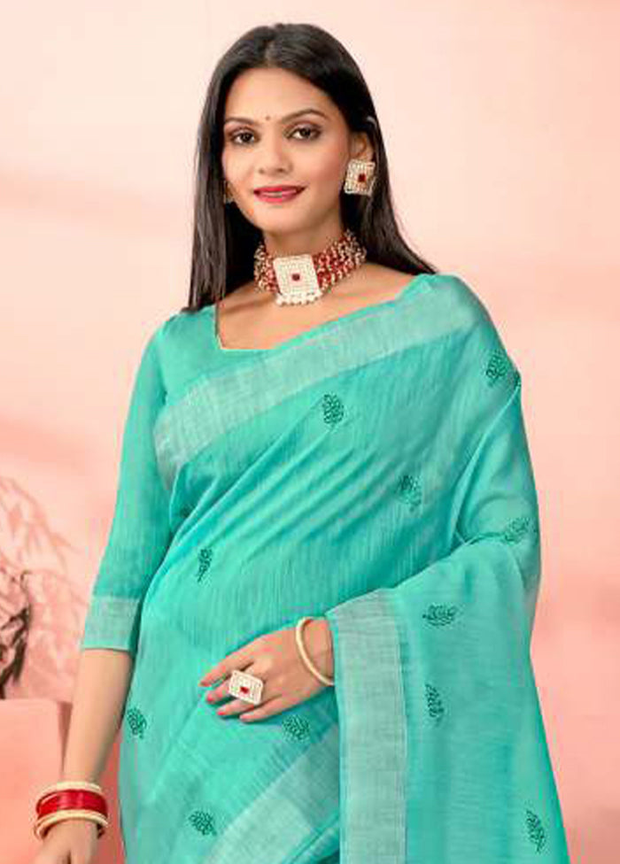 Turquoise Chanderi Silk Saree With Blouse Piece