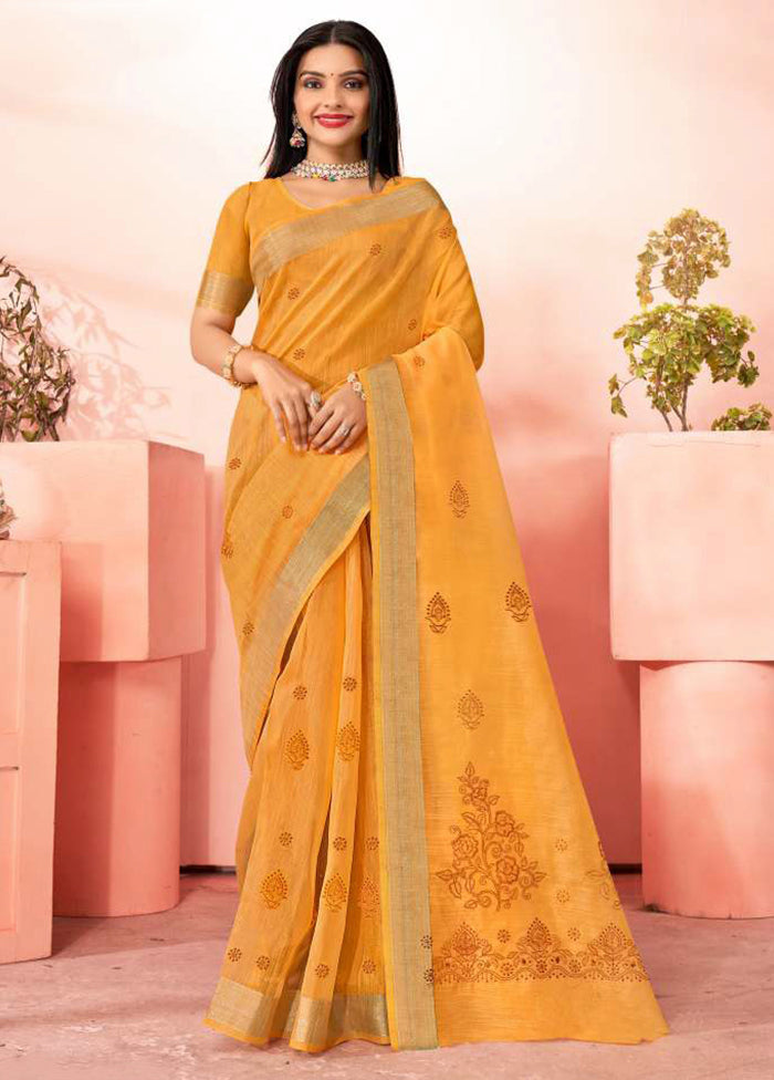 Mustard Chanderi Silk Saree With Blouse Piece