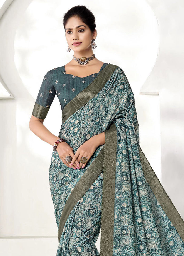 Turquoise Spun Silk Saree With Blouse Piece